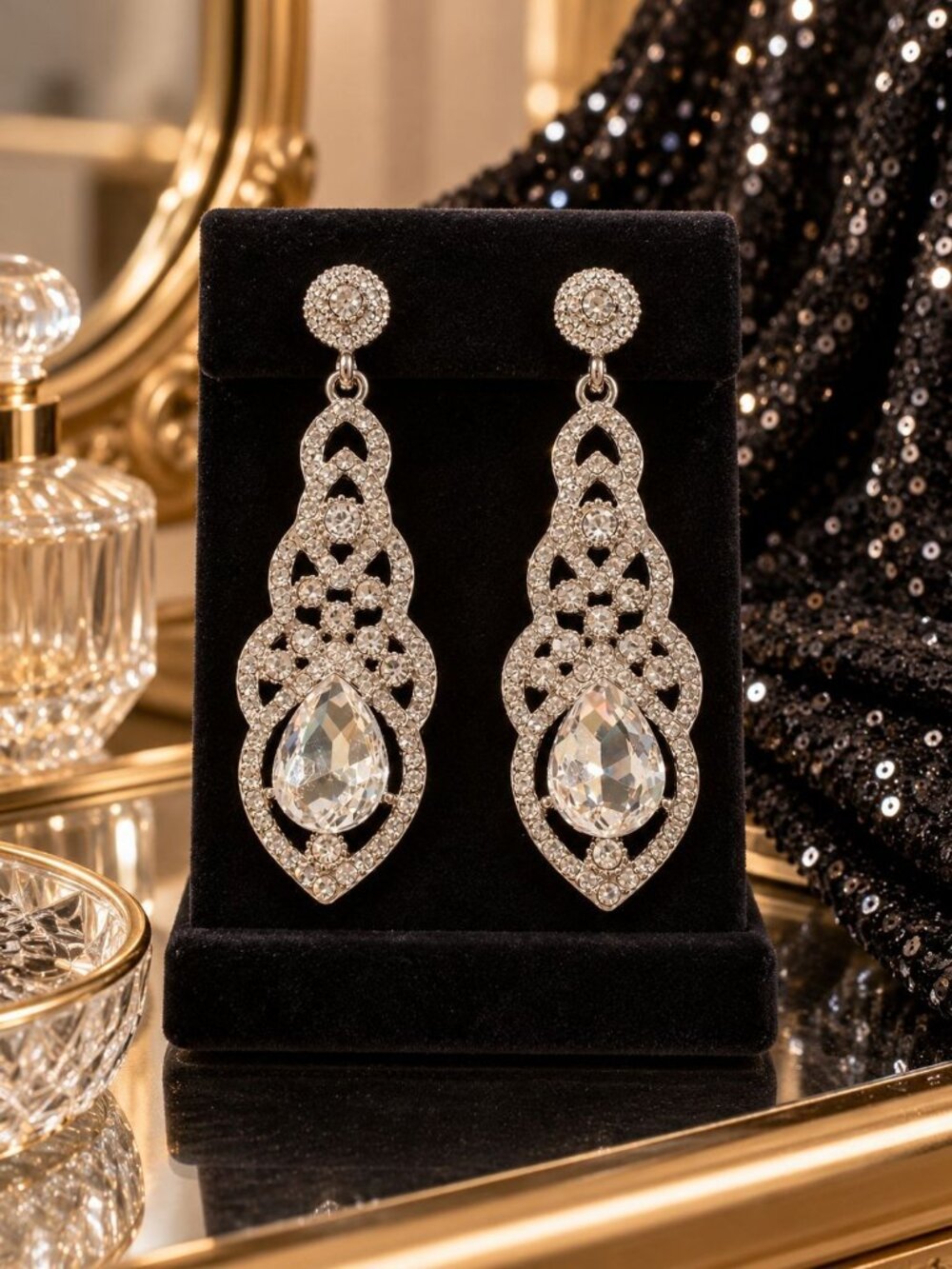 Crystal Drop Chandelier Earrings Silver Tone Cubic Zirconia Bling Teardrop Post